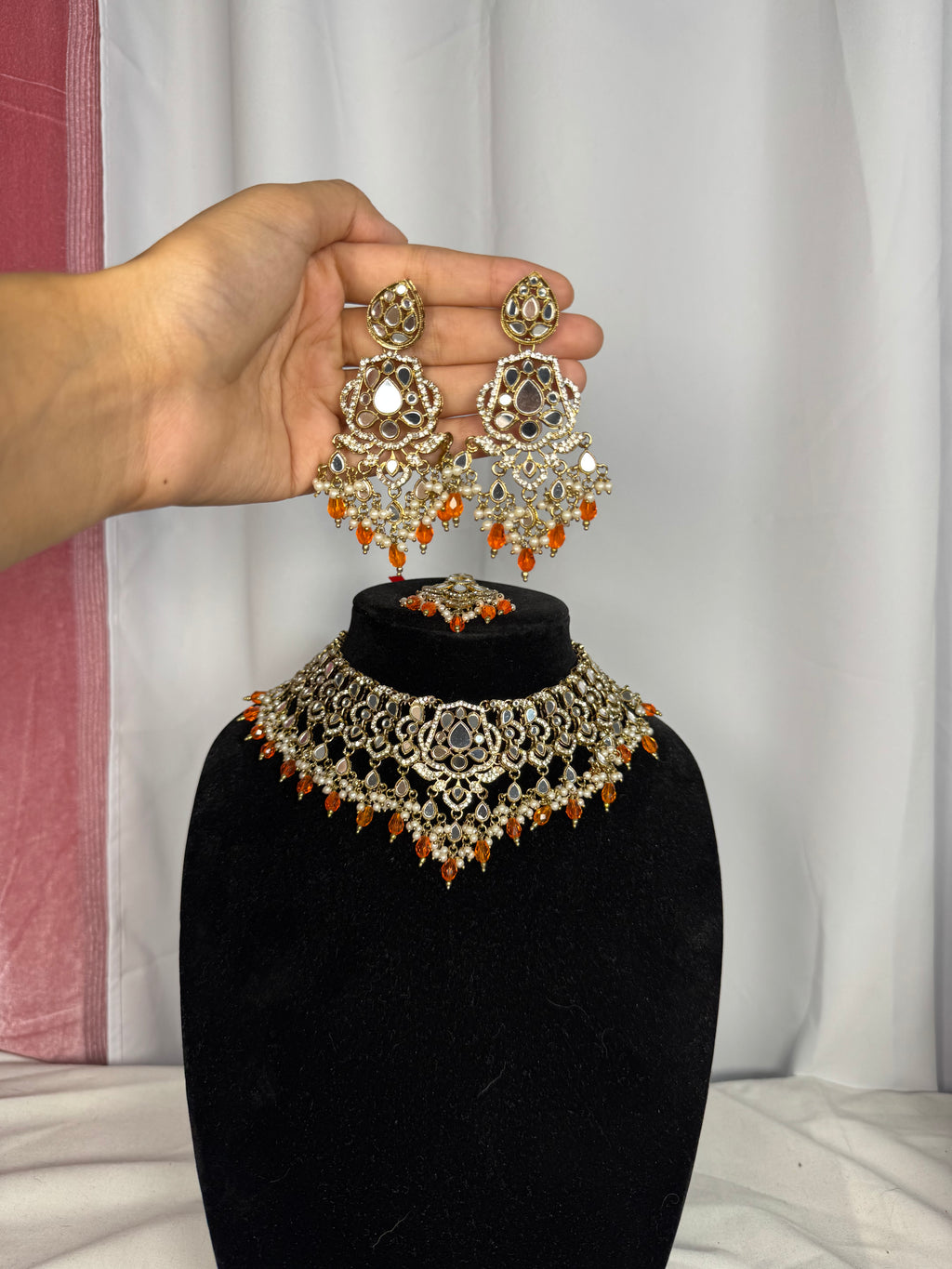 Kritika Mirror Worked Necklace Set-Orange