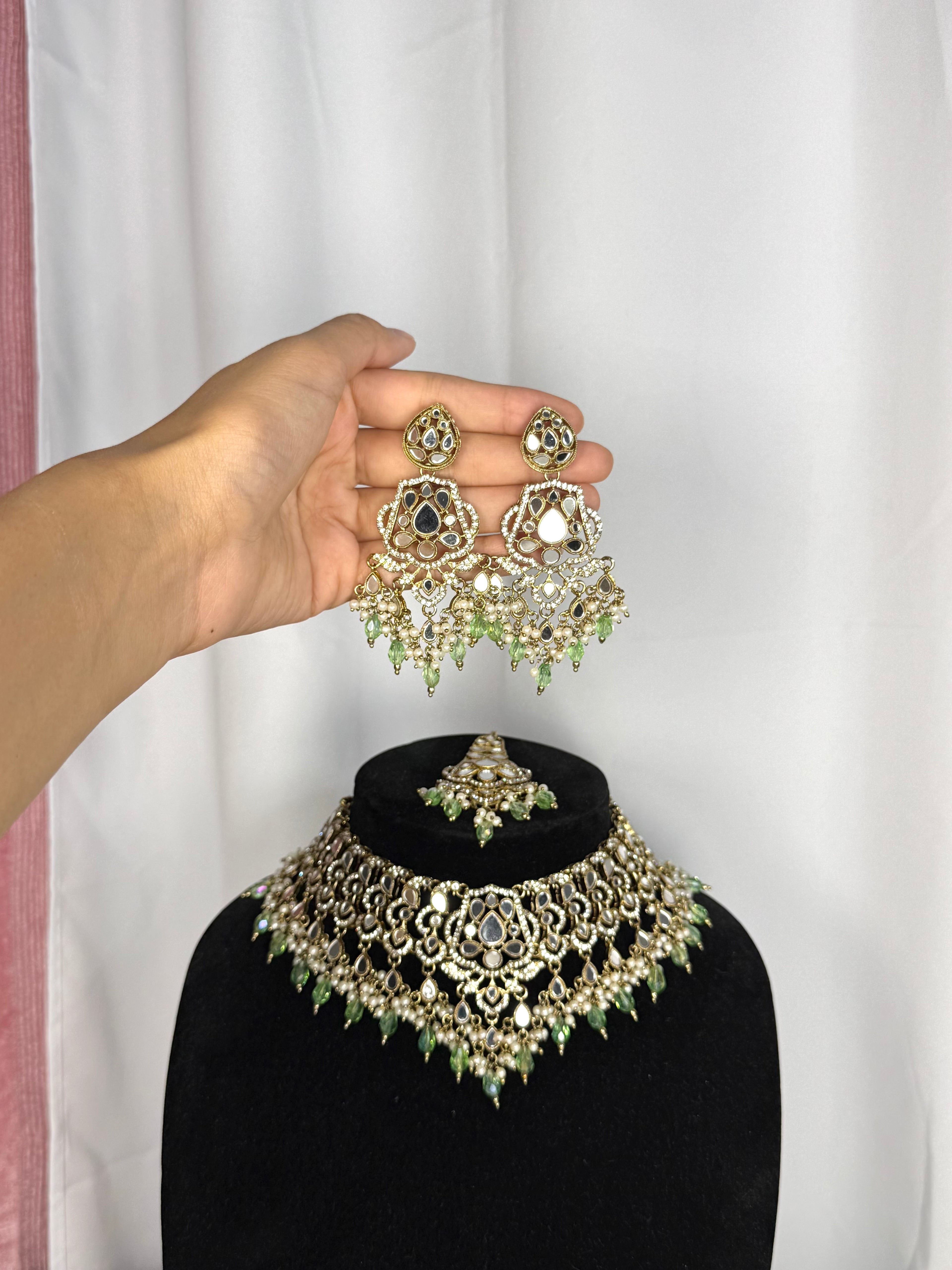 Kritika Mirror Worked Necklace Set-Green