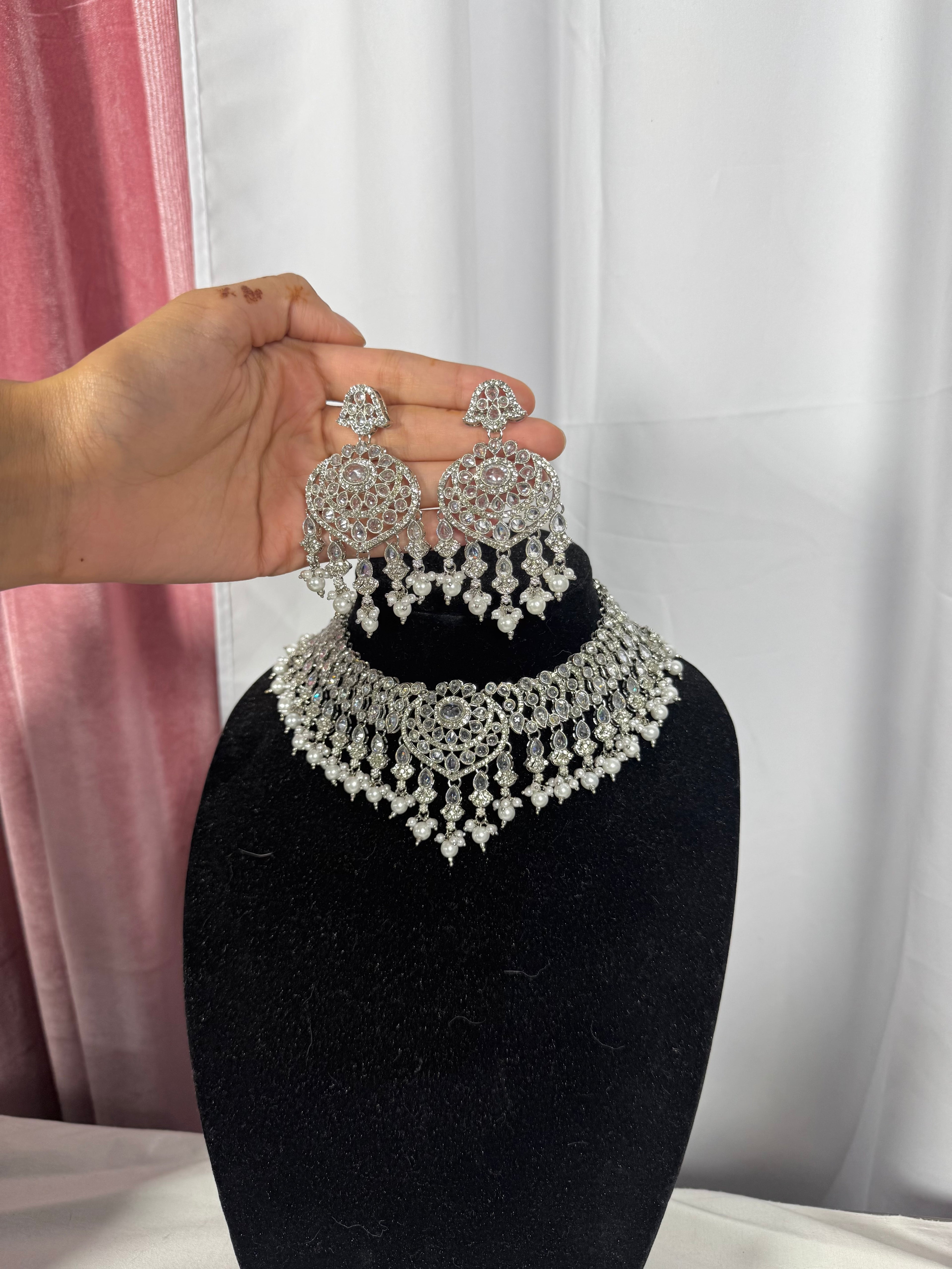 Sliver polki necklace set