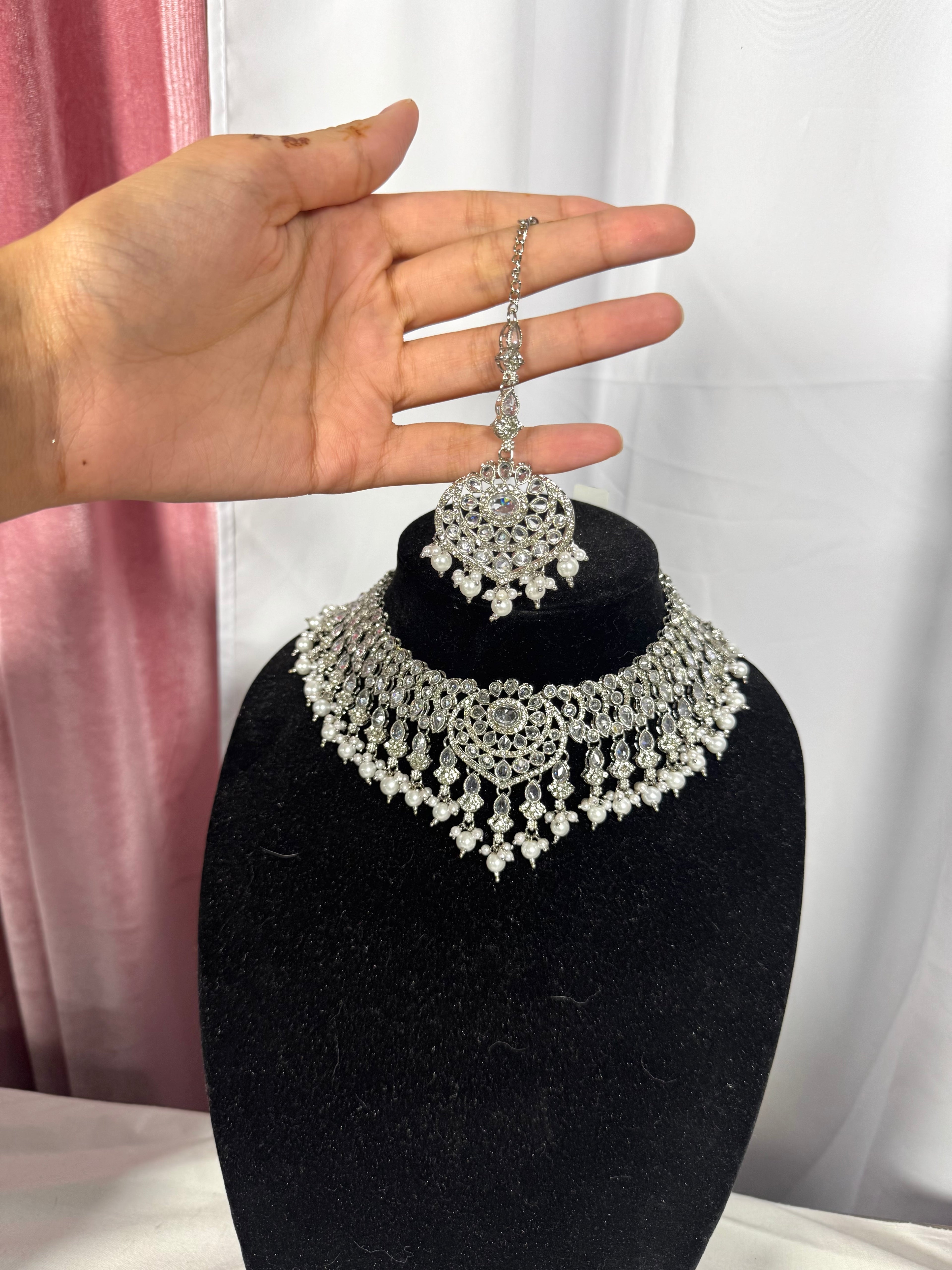 Sliver polki necklace set