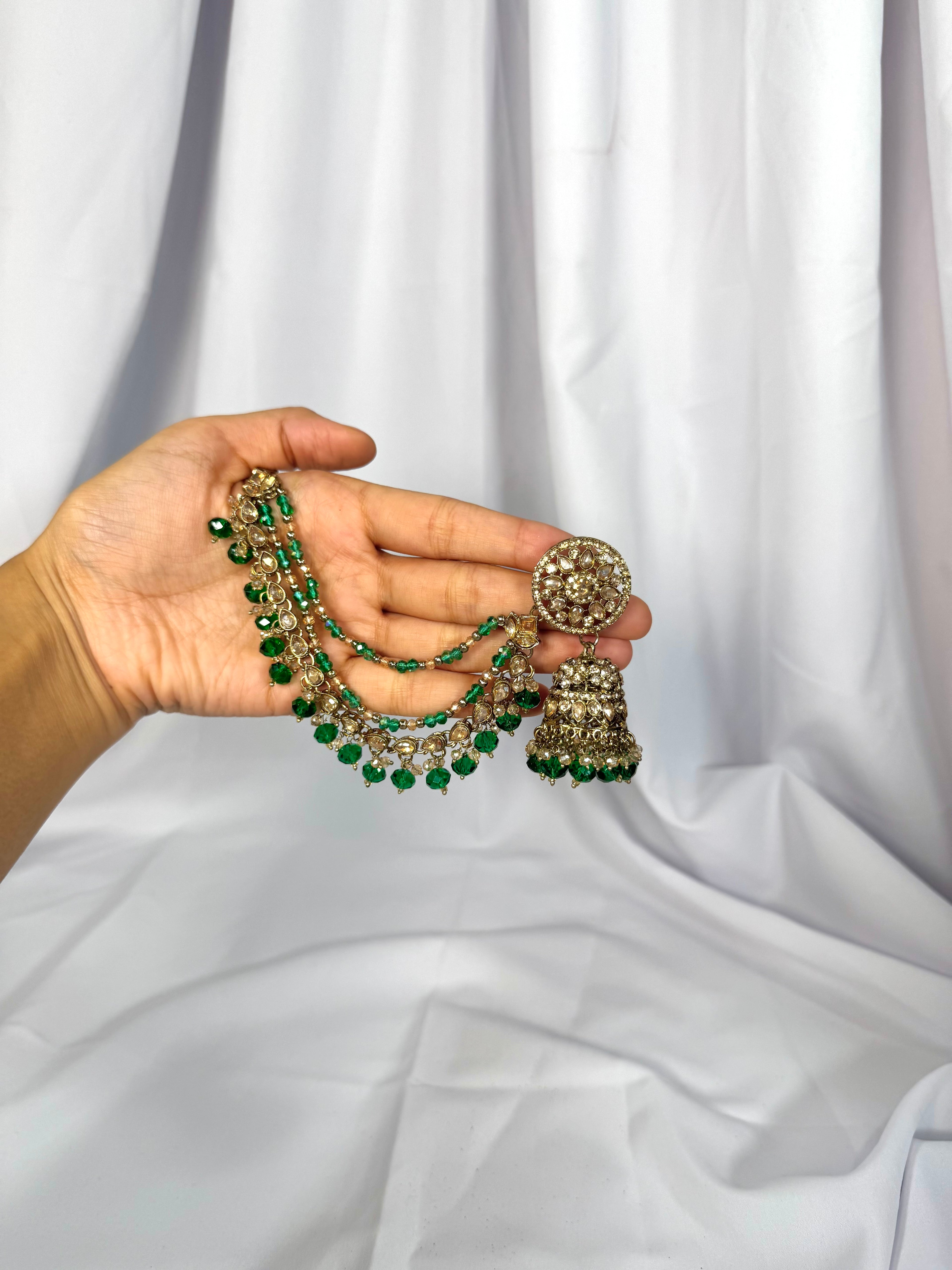 Danvi Bahubali Earring Tikka Set-Green