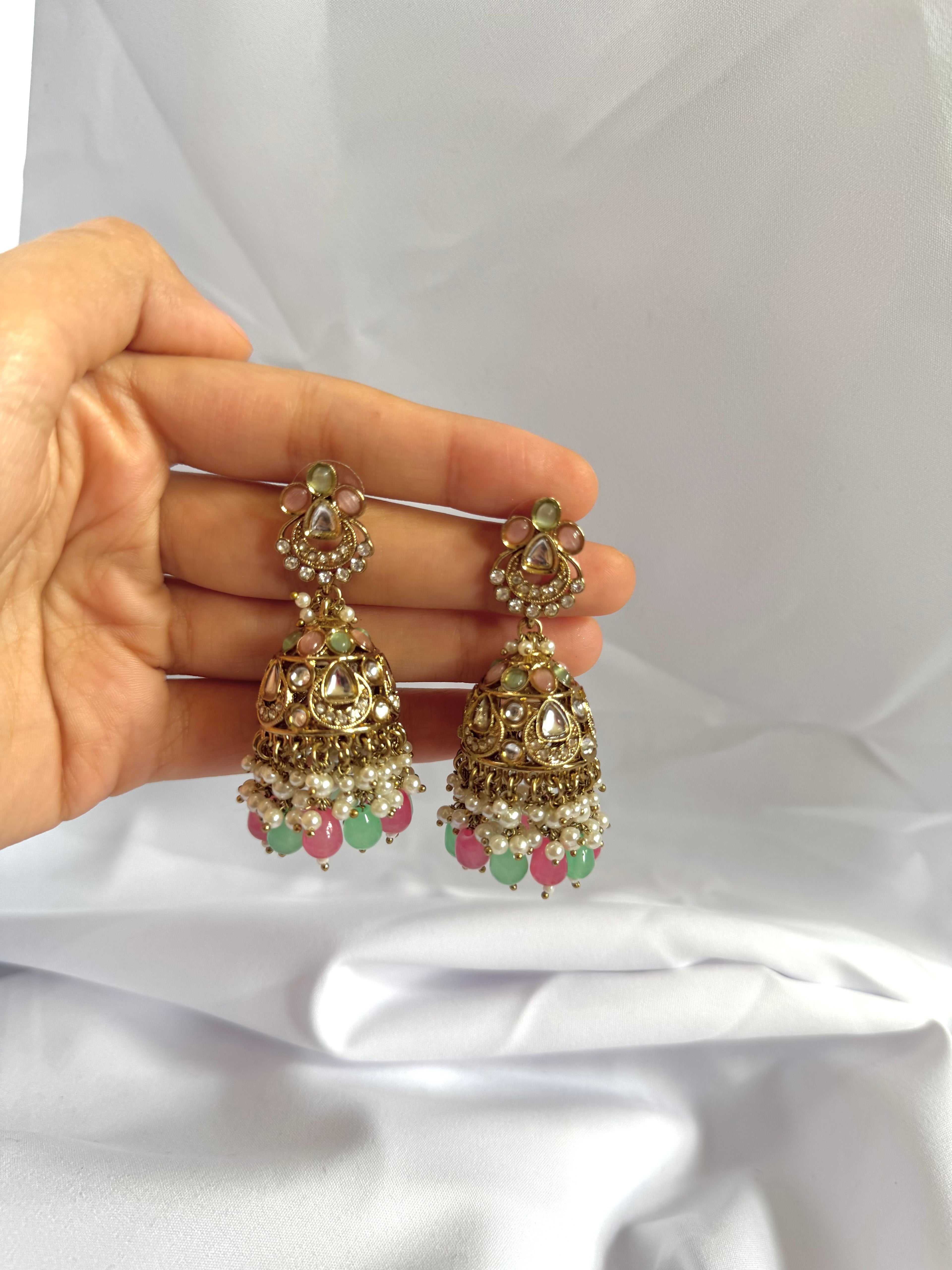 Anaya Jhumkas-Pink & Green