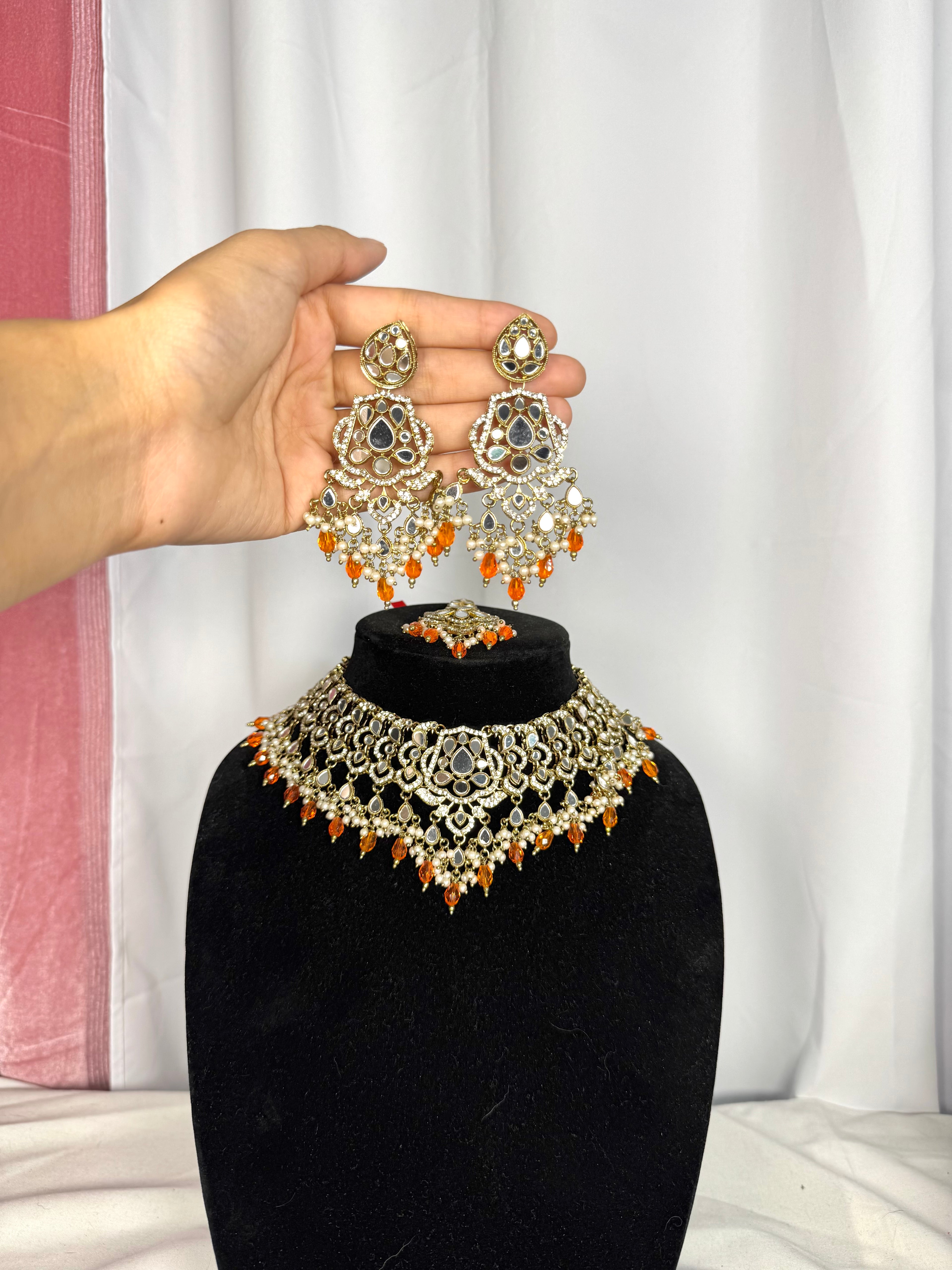 Kritika Mirror Worked Necklace Set-Orange