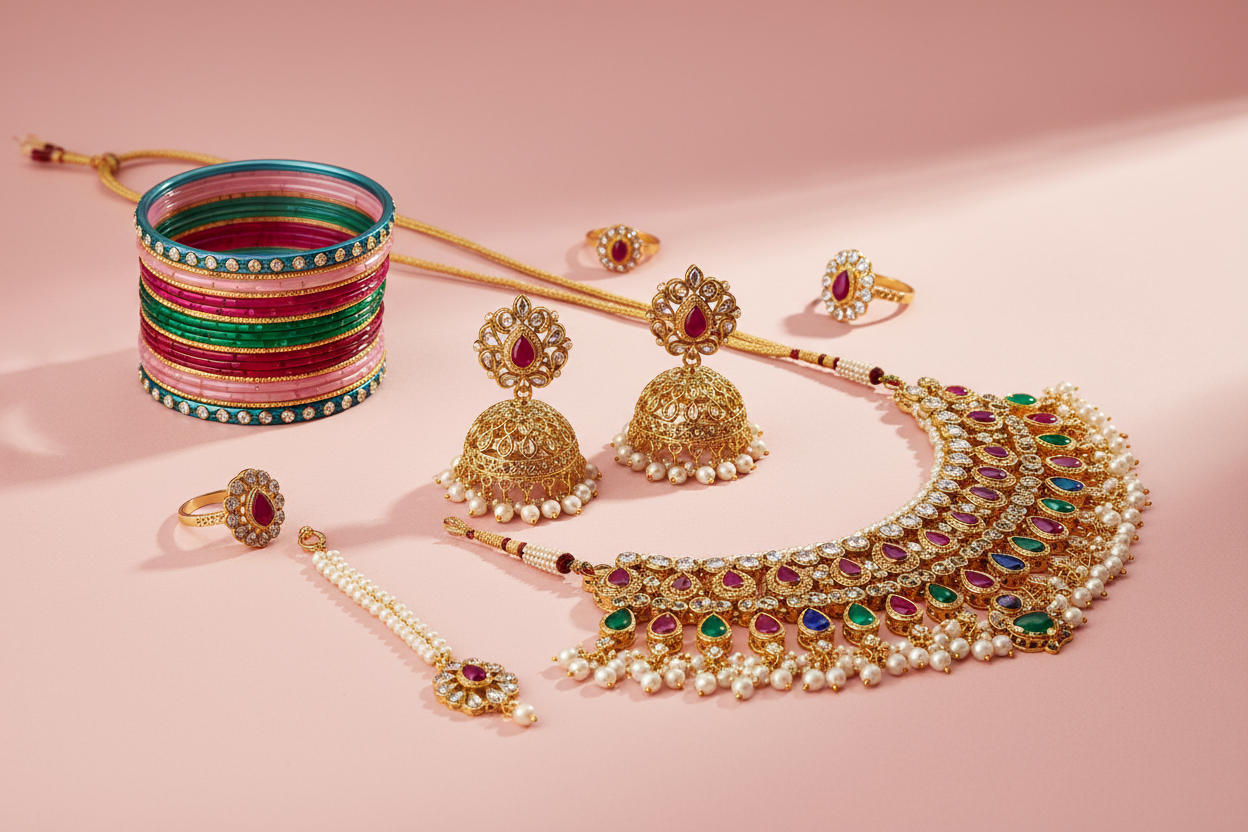 make a light pink background with indian jhumka earrings, colorful bangles, necklaces